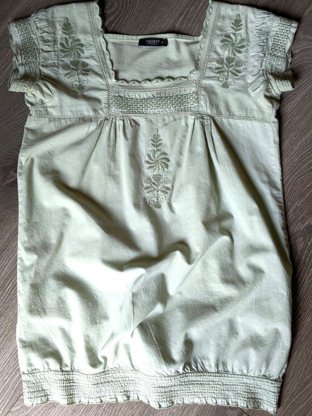 TWENTY Womens Boho Embroidered Top Size S Light Green Cotton Short Sleeve Blouse